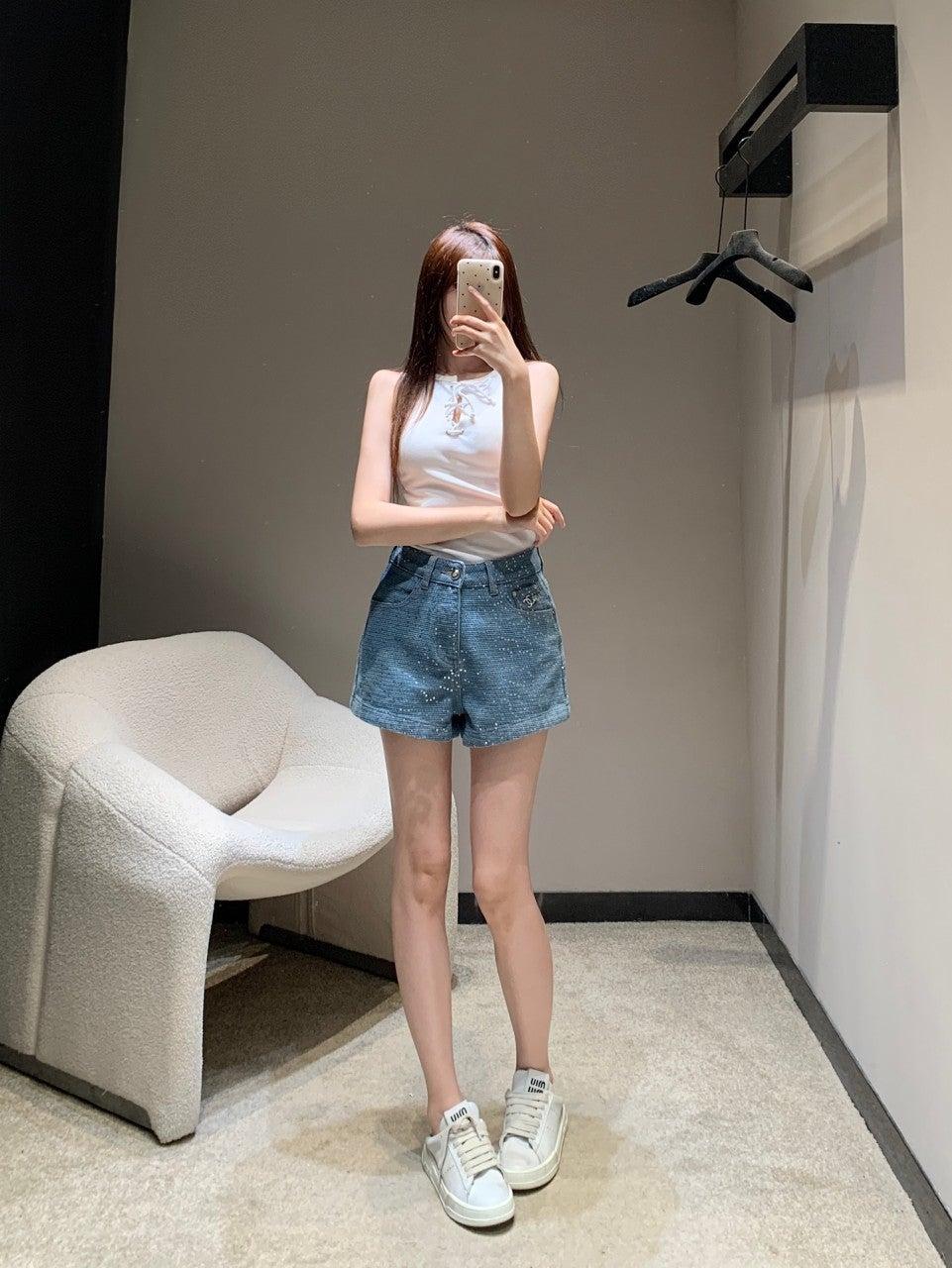 샤넬 25Ss 신상품 봄 여름 무거운 스팽글 데님 반바지