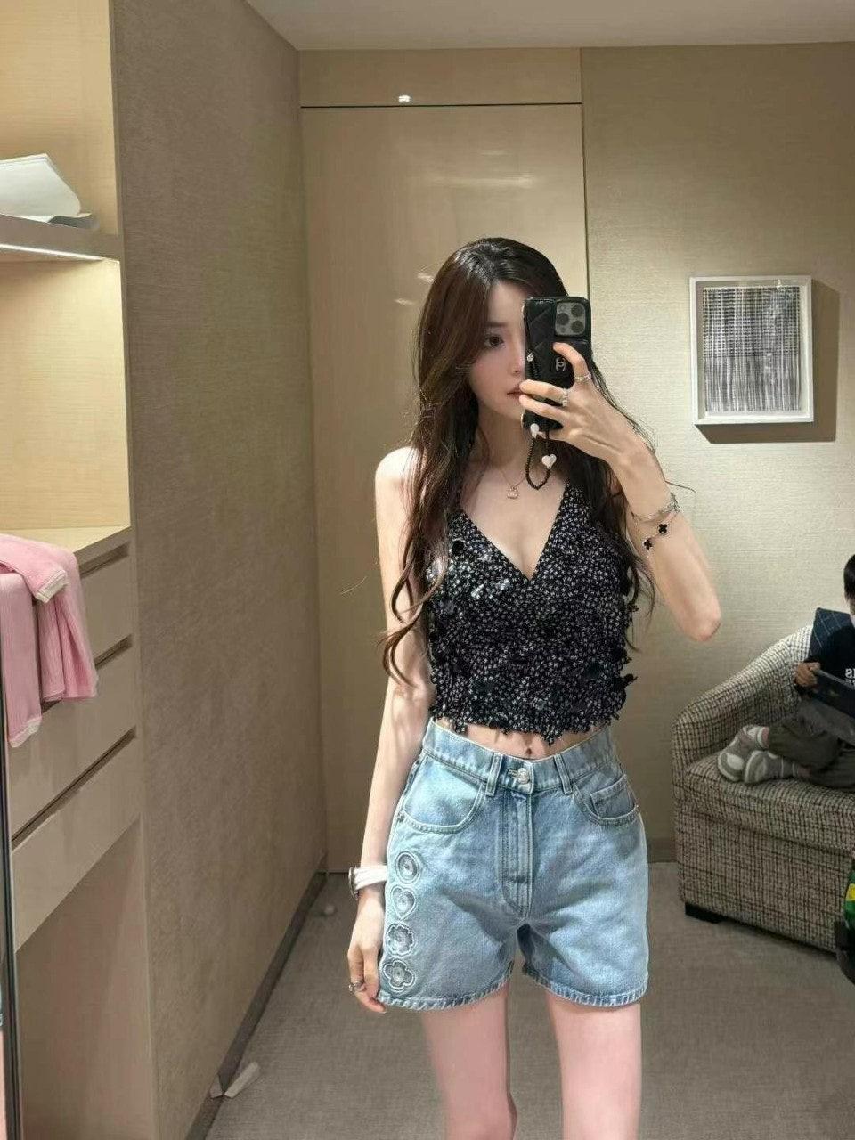 샤넬 코코 라이트 블루 자수 데님 반바지 (해외배송)