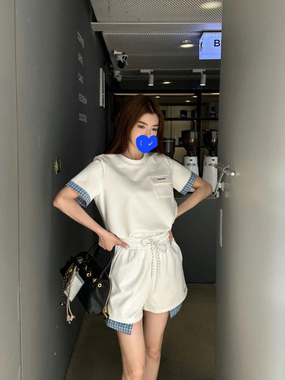 미우미우 배색 반팔 맨투맨 밴딩 반바지 트레이닝 세트 (국내배송)
