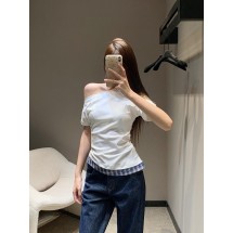 미우미우 자수 패치워크 체크 오프숄더 반팔 (해외배송)