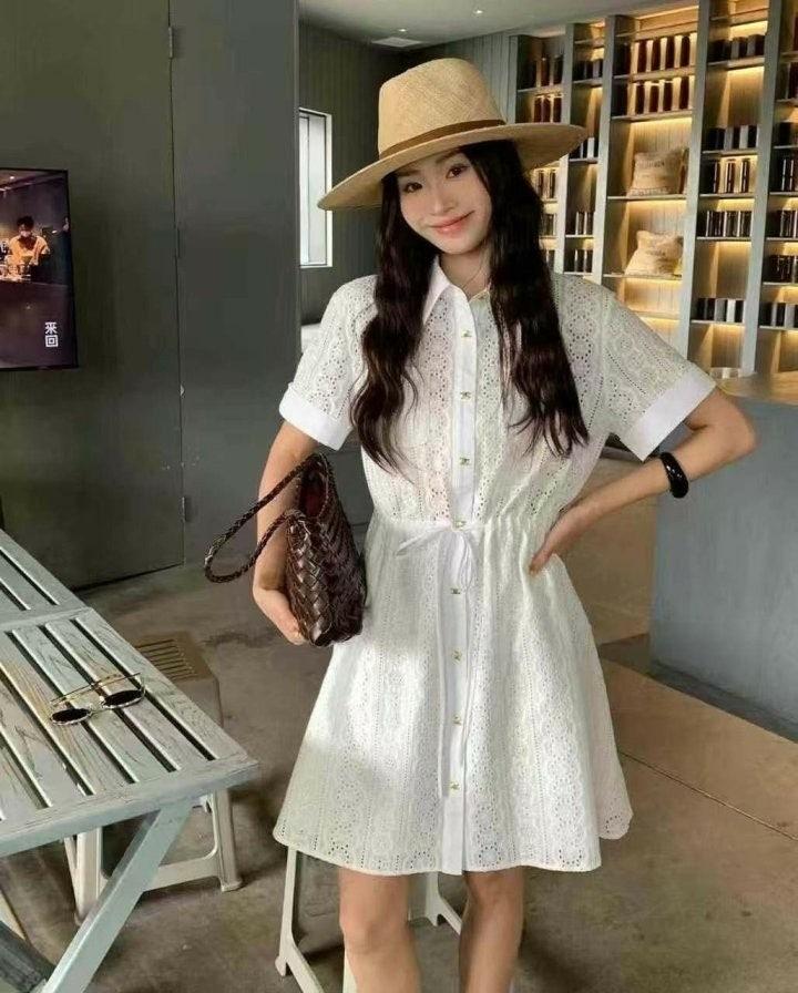 셀린느 홀로우 레이스 커프스 반팔 미니 원피스 (국내배송)